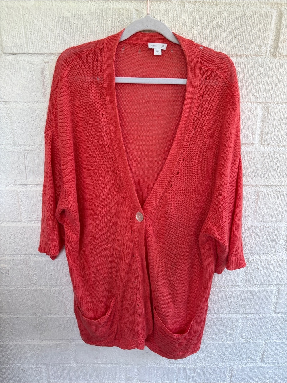 J. Jill Linen Lightweight Coral Open-Front Knit Cardigan with Pockets sz XL